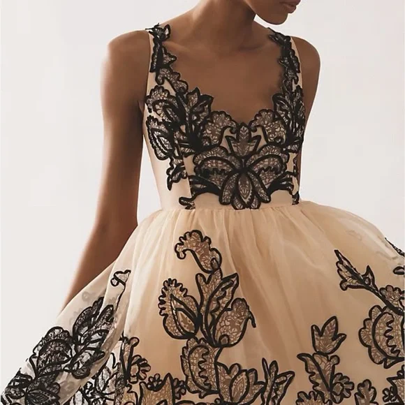 Maeve Nude Tulle Mini Dress with Black Floral Appliqué - Picture 4 of 10